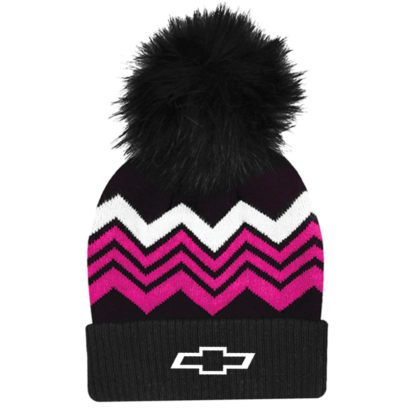 Ladies Faux Fur Pom Pom Zig-Zag Beanie